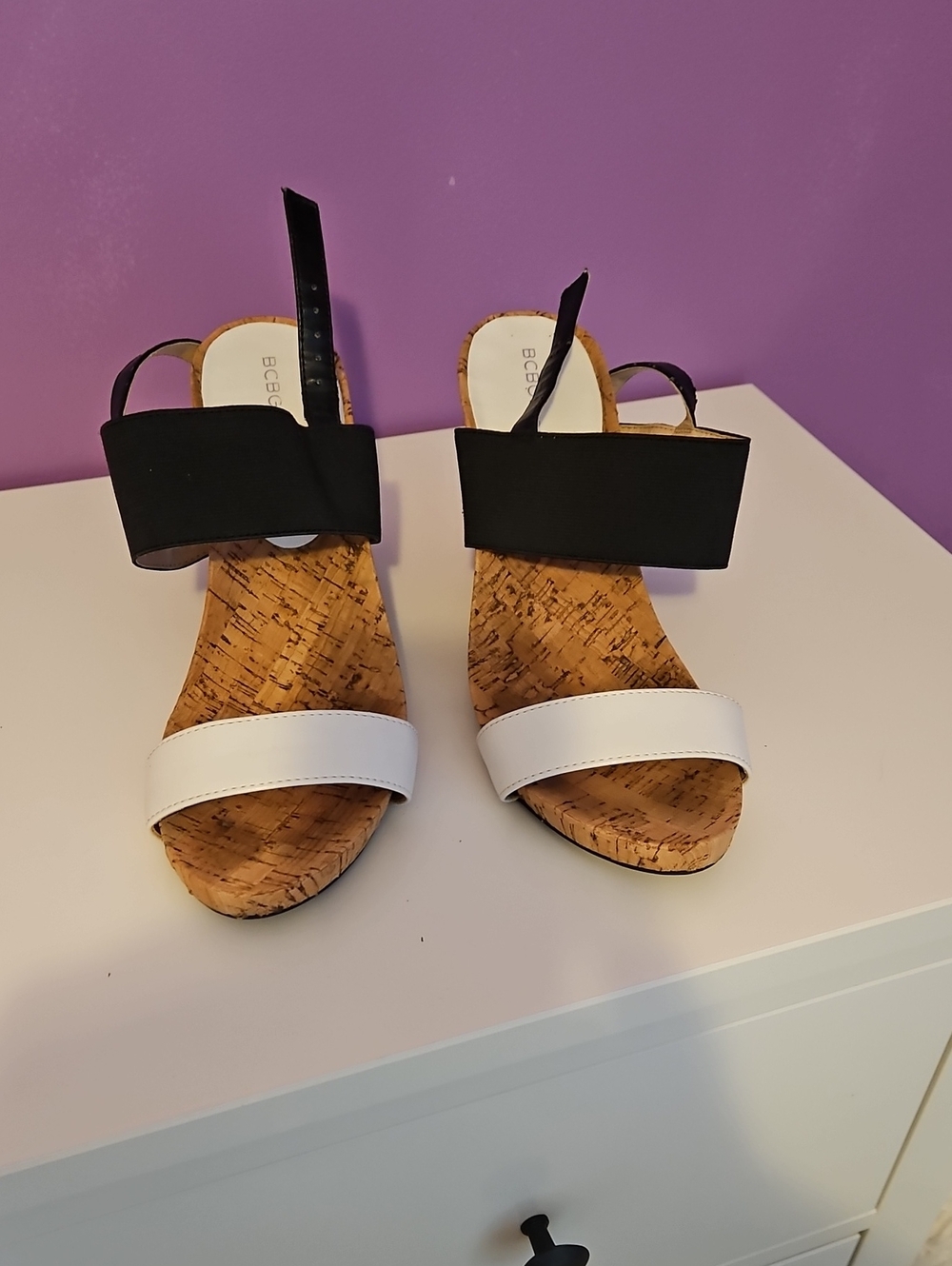 BCBG Black and White Cork Wedge Sandals
